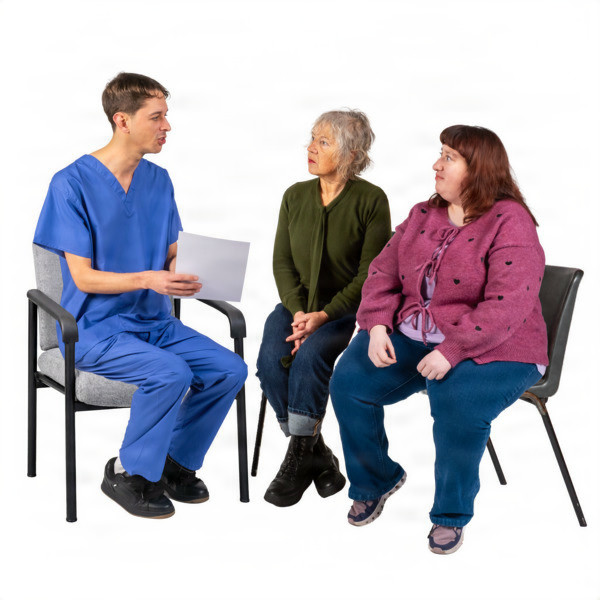 Healthcare professional in blue scrubs talking to two women seated next to him.