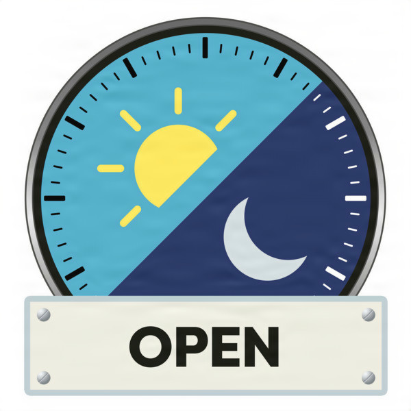 A circular day and night symbol with 'OPEN' sign.