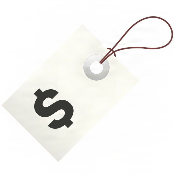 A white price tag with a black dollar symbol and a brown string.