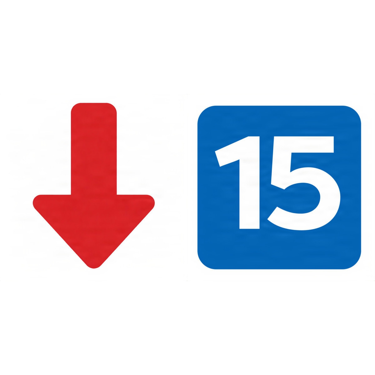 A red downward-pointing arrow and blue square with the white number 15