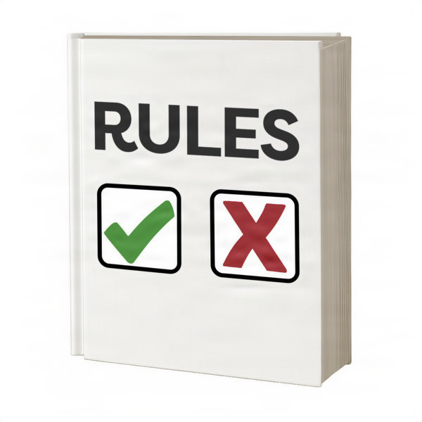 White hardcover book with 'RULES' on the cover, featuring a green checkmark and a red 'X'.