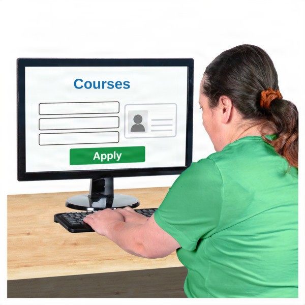 A person in a green shirt using a computer with the words ‘Courses’ and ‘Apply’ on it.