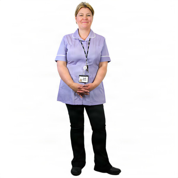 A woman in a light purple uniform with a lanyard and ID card, smiling and standing against a white background. 