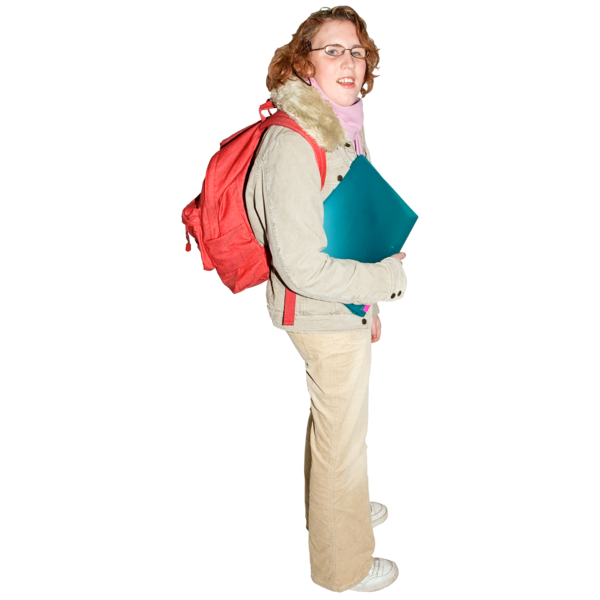 Person wearing glasses, holding a folder, and carrying a backpack.