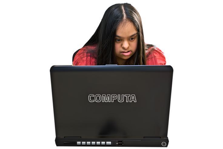 Person in a red shirt using a black laptop with the brand name 'COMPUTA'.