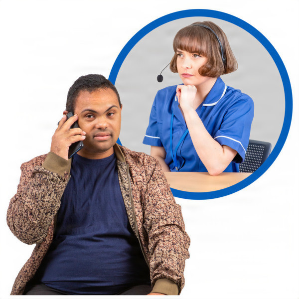 Man on phone with woman in uniform in the background wearing a headset.