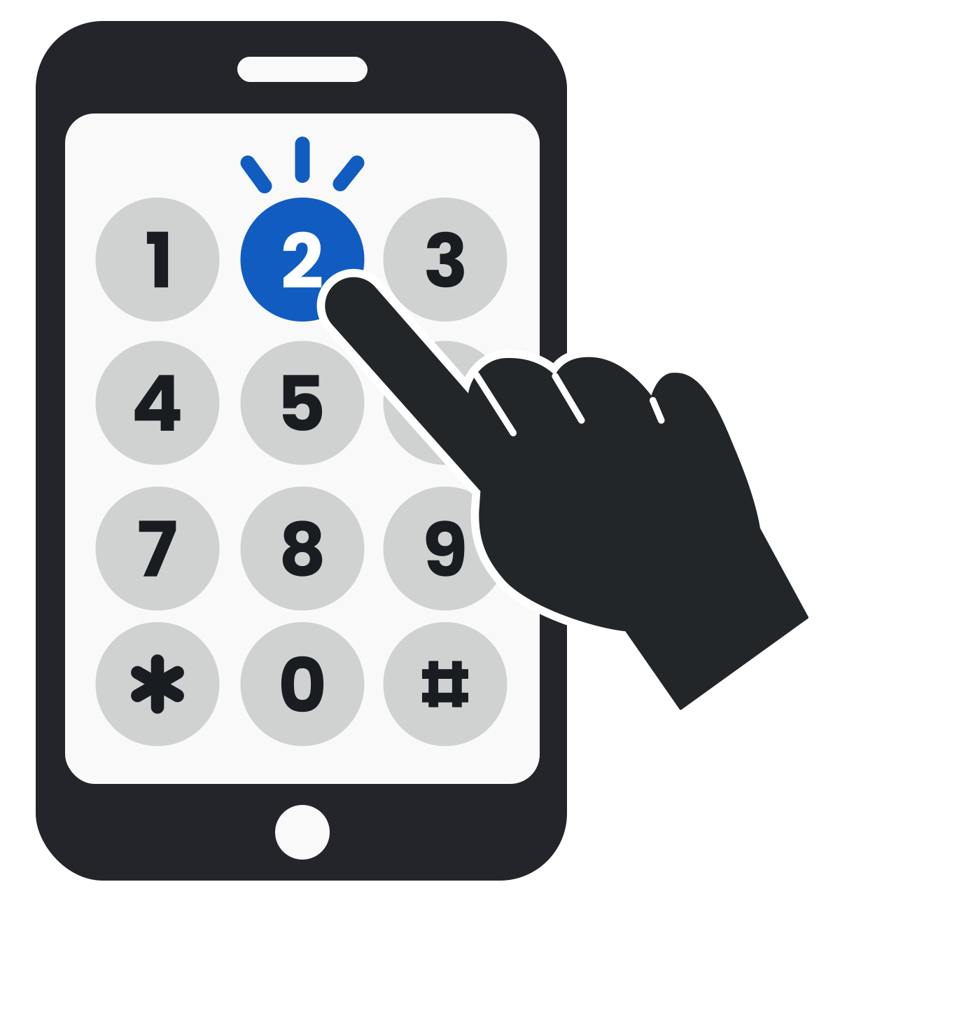 A finger pressing number 2 on a phone.