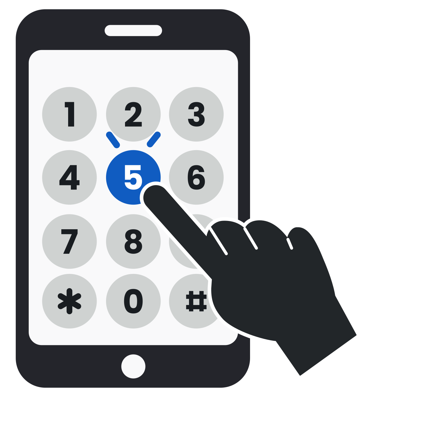A finger pressing number 5 on a phone.