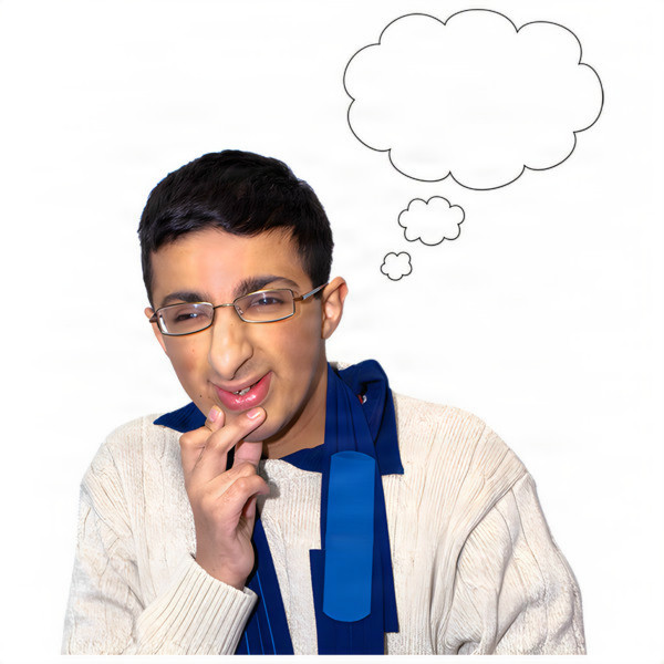 Person wearing glasses and a blue scarf, contemplating with thought bubbles overhead.