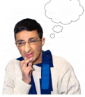 Person wearing glasses and a blue scarf, contemplating with thought bubbles overhead.