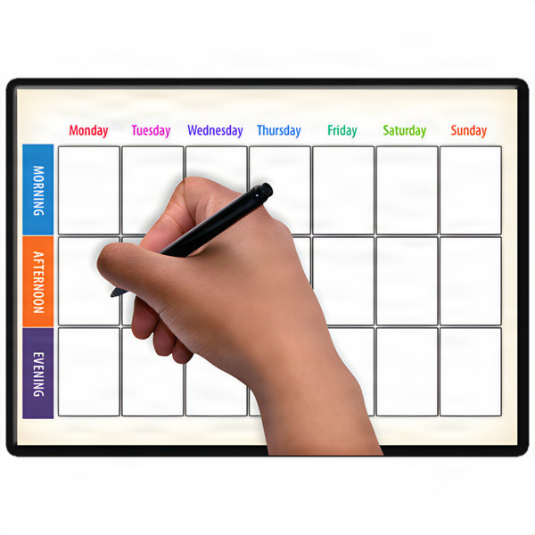 Hand holding a pen over a weekly planner with columns for days and rows for times of day