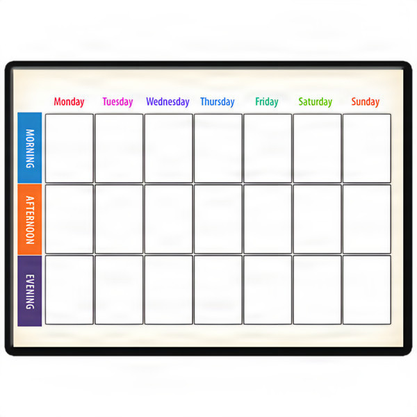 A weekly planner chart with days of the week and times of day.