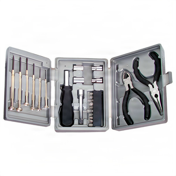 An open grey tool case with various tools including screwdrivers, pliers, and bits.