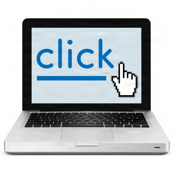 Laptop with the word 'click' and a cursor on the screen.