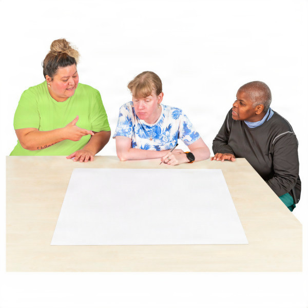 Three people sitting around a table with a blank sheet of paper in the middle.