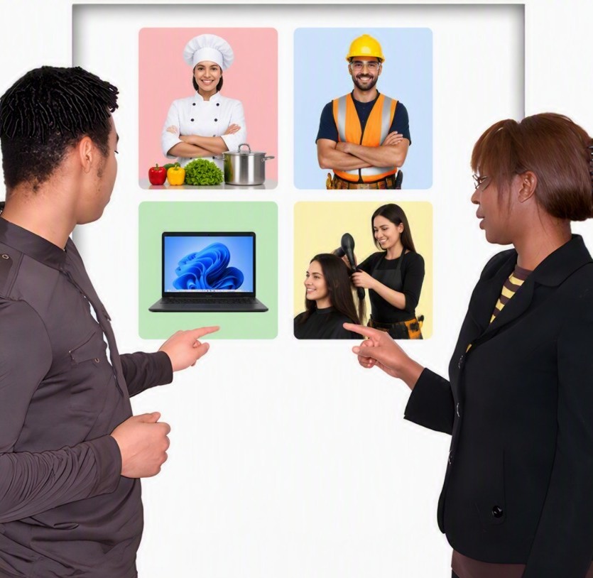 Woman and man pointing at a board with different job types.