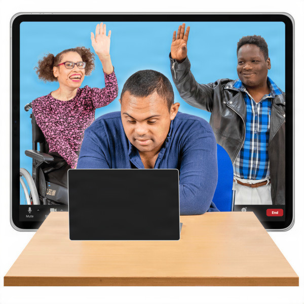 A man sits at a desk with a laptop, attending a virtual class with 2 participants raising their hands.