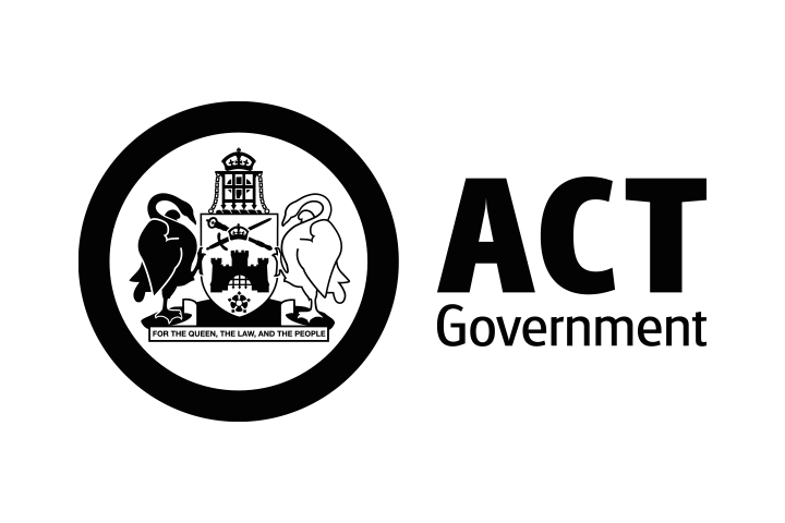 ACT Government logo featuring a circular black border enclosing a detailed black-and-white coat of arms with a crown, shield, and supporting figures, accompanied by the text “ACT Government” in bold black letters on a white background.