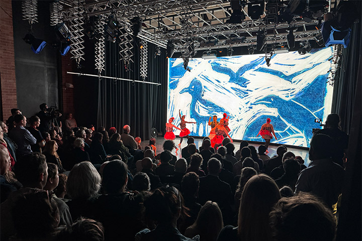 Dance students perform on stage at Bradfield Senior College to a packed audience. An artwork depicting blue seagulls is projected onto a white backdrop behind them.