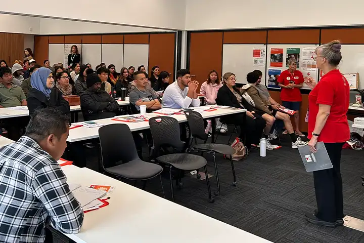 A group of Adult Migrant English Program students sitting at white desks in a classroom. A teacher stands at the front of the class with a red shirt and grey hair tied up in a bun.