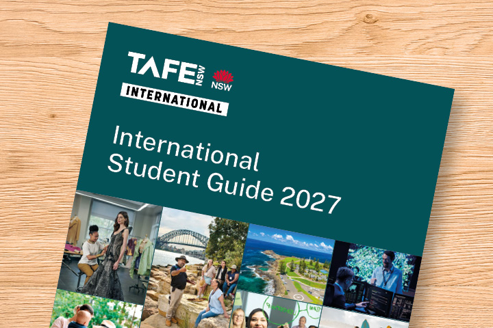 Cover of the TAFE NSW International Student Guide 2027 brochure, featuring white title text on a brown background with small images along the bottom showing student life and educational activities.