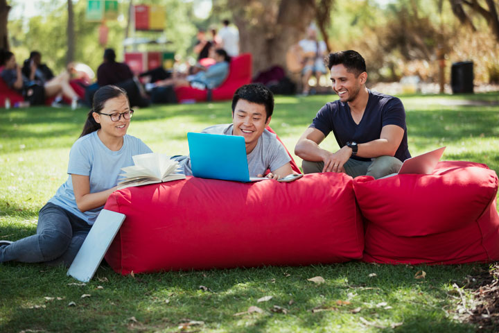 Three students of different ethnicities are leaning and sitting on red bean bags on the grass in a park. They are casually dressed and collaborating with laptops and notebooks.
